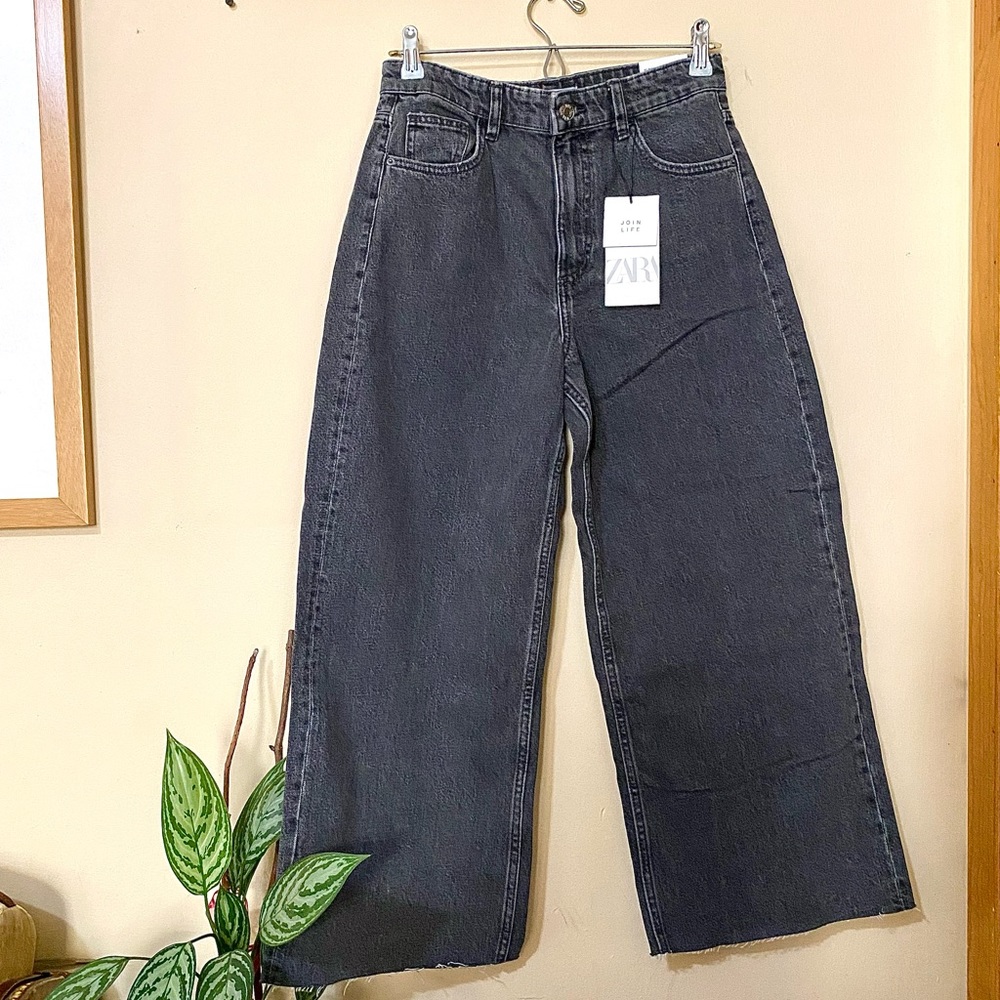 NWT Zara Hi-Rise Culotte Grey Wide-Leg Jeans - Picture 2 of 7